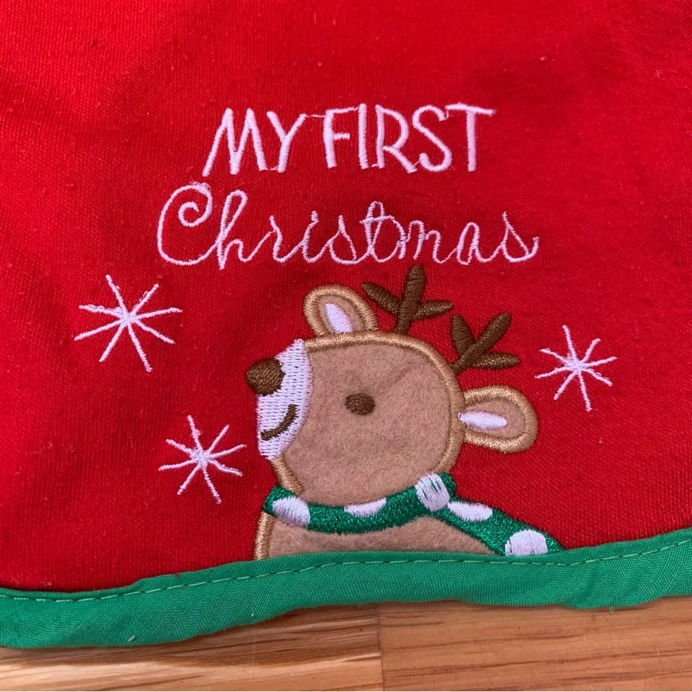 Baby Bib My First Christmas Baby Bib Reindeer Red Green Snow